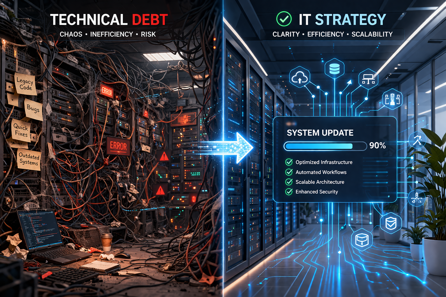 Dein digitales Update für unterwegs: Technik-Flickschusterei oder IT-Strategie? Warum technische Schulden die Wartbarkeit killen und deine Reputation zerstören.